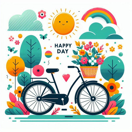 Happy Father's Day greeting card with bicycle, flowers and rainbow. Vector illustrationのイラスト素材