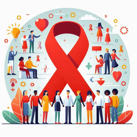 World AIDS day concept with red ribbon and people around. Vector illustrationのイラスト素材
