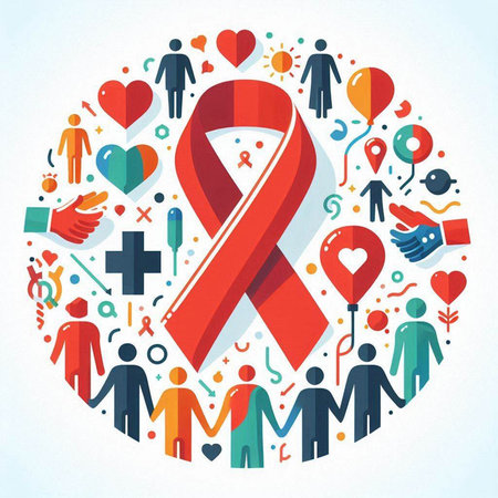 Breast cancer awareness concept with red ribbon and icons, vector illustration