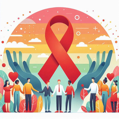 World Aids Day concept with red ribbon and people around. Vector illustration.のイラスト素材