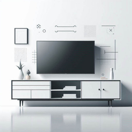 TV on cabinet in modern living room interior. Mock up, 3D Renderingのイラスト素材