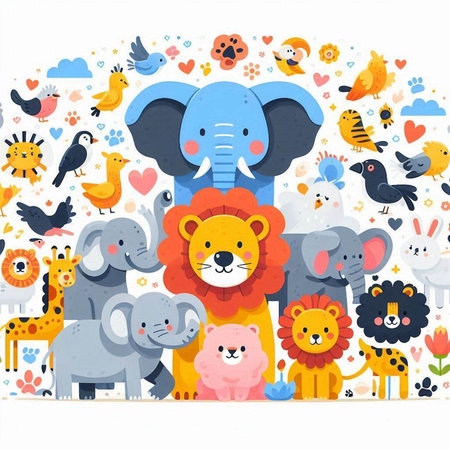 Cute cartoon animals background. Vector illustration in flat design style.
