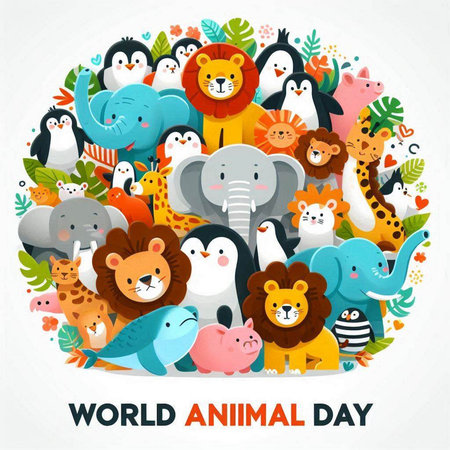 World Animal Day. Cute cartoon animals on white background. Vector illustration.