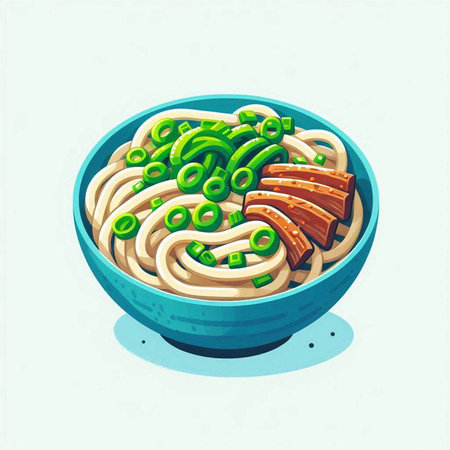 Illustration of a bowl of noodles with vegetables and meat in cartoon styleのイラスト素材