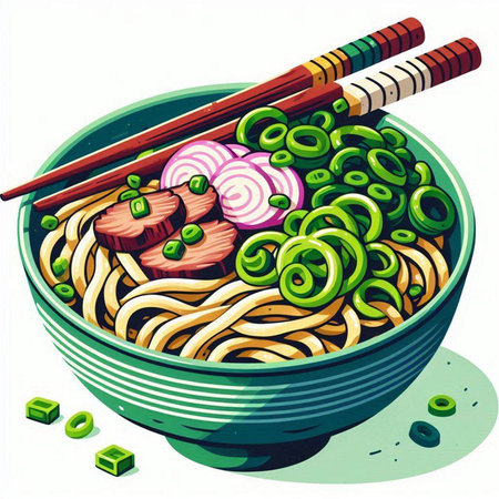 Illustration of a bowl of japanese noodle with chopsticks