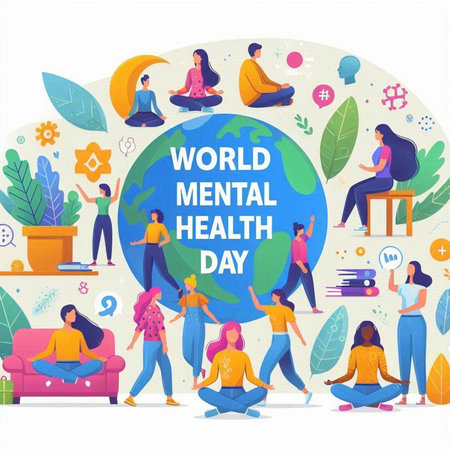 World mental health day concept with people meditating in lotus pose, vector illustration