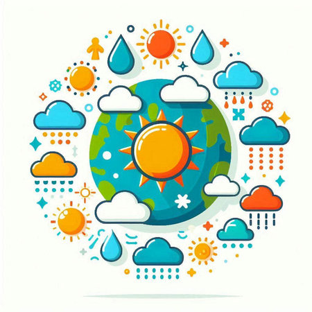 Colorful flat illustration with sun, clouds and raindrops on white backgroundのイラスト素材