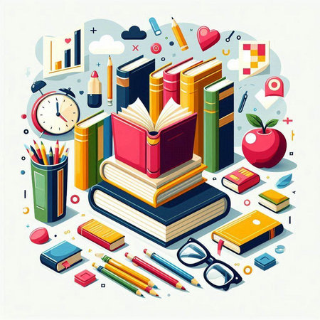 Colorful 3d isometric illustration with books, pencils, clock and apple