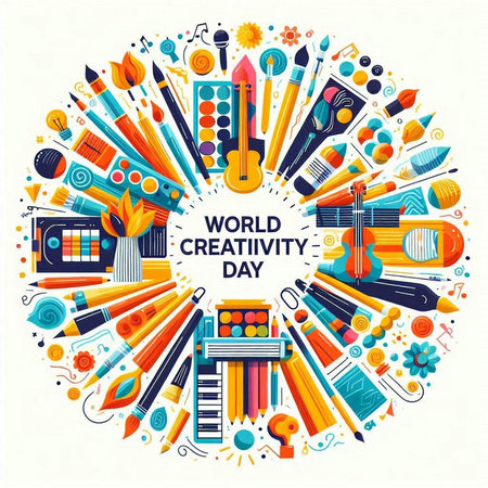 Vector illustration of world creativity day poster with art objects in circle shape