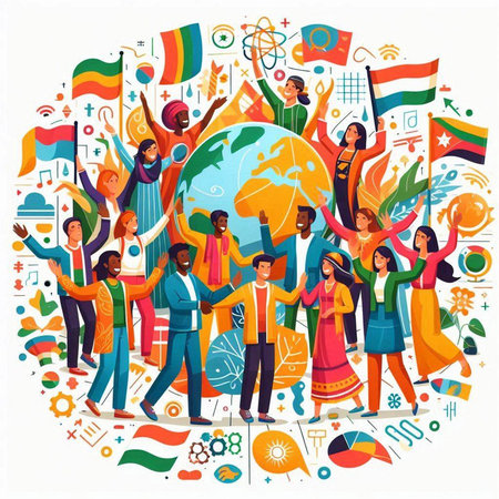 Vector illustration of people holding flags of different countries around the globe. International...