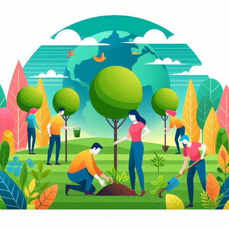 People planting trees in the garden. Vector illustration in flat style.
