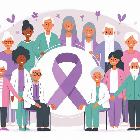 Breast Cancer Awareness Month. Vector Illustration of Happy Multiethnic Group of Old People with Pink Ribbon for Breast Cancer Awareness.のイラスト素材