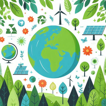 Ecology and environment concept vector illustration. World globe, solar panels, windmills, leaves...