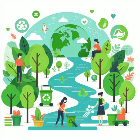 Flat vector illustration of people planting trees, taking care of the environment.