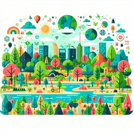 Vector illustration of city landscape with trees, lakes, sun and other elements.