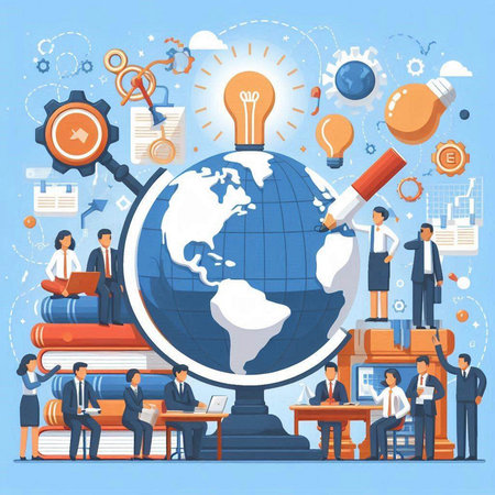 Global business and education concept. Vector illustration in flat cartoon style.
