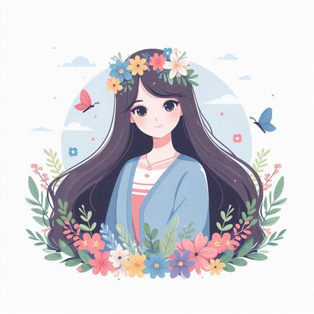 Beautiful girl with flowers and butterflies on white background. Vector illustration.のイラスト素材