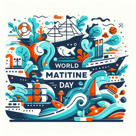 World Maritime Day poster with cute doodle elements. Vector illustrationのイラスト素材