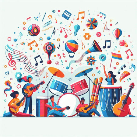 Musical instruments composition with people playing drums and instruments. Vector illustration