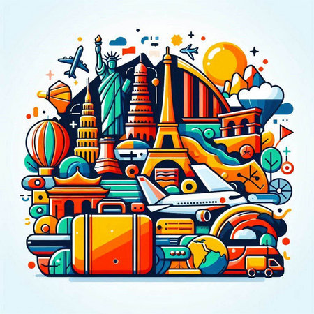 Traveling around the world. Colorful vector illustration with famous monuments and landmarksのイラスト素材