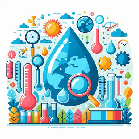 Save water concept. Water drop and science icons in flat style.