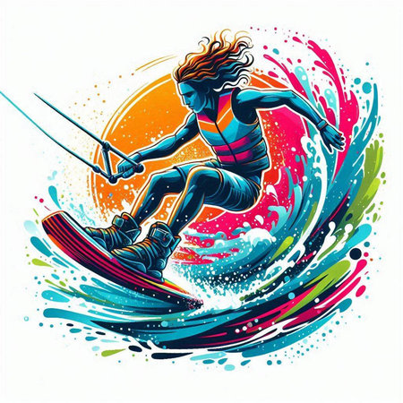 Vector illustration of a young man riding a wakeboard on a colorful background
