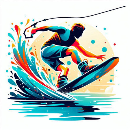 Skier jumping on the water, summer sport, vector illustration.