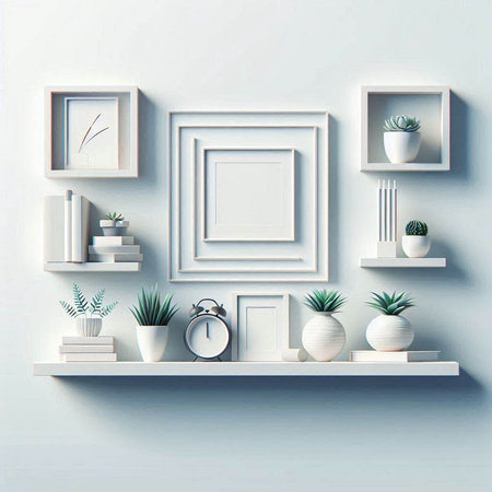 White bookshelves with decorative plants in pots. 3d rendering