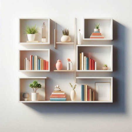 3d rendered bookshelves with decorative objects on the wall.