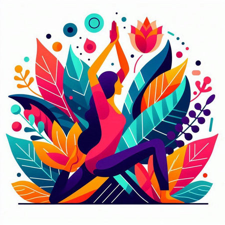 Vector illustration of woman practicing yoga in lotus pose. Colorful abstract background.のイラスト素材