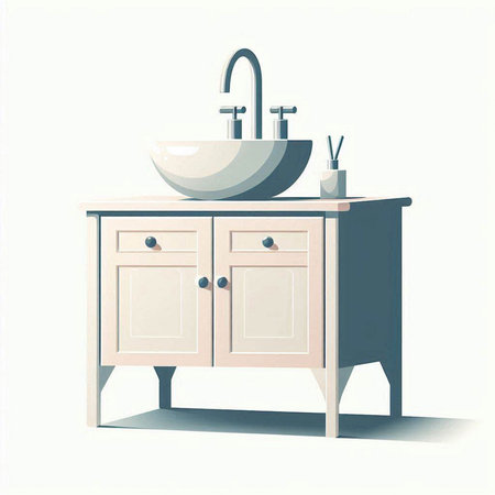 Illustration of a washbasin on a wooden vanity cabinet.