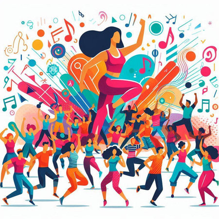 Vector illustration of dancing people in flat style with musical notes and notes