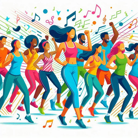 Vector illustration of a group of young people dancing and listening to music.
