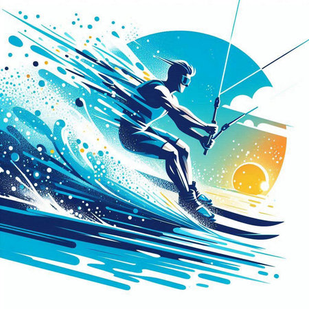 Water skiing. Vector illustration. Grunge background with space for text