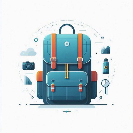 Blue backpack with camera and flash drive. Flat style vector illustration.