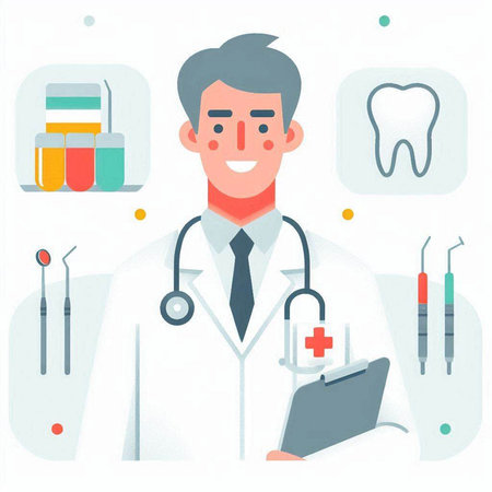 Dentist with stethoscope and instruments. Vector illustration in flat styleのイラスト素材