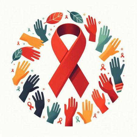 World Aids Day background with red ribbon and hands. Vector illustration.