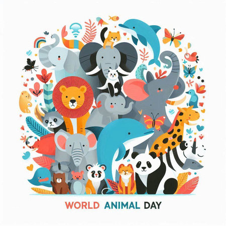 World Animal Day. Vector illustration with cute cartoon animals in flat style.