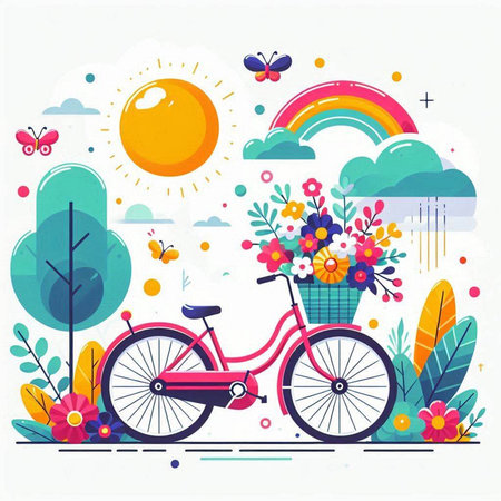 Bicycle with flowers and rainbow in the background. Vector illustration.のイラスト素材