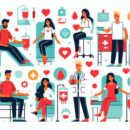 Blood donation seamless pattern with people and icons. Vector illustration in flat styleのイラスト素材