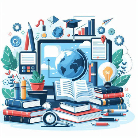 Vector illustration of online education concept with laptop, books, stationery and globe in flat styleのイラスト素材