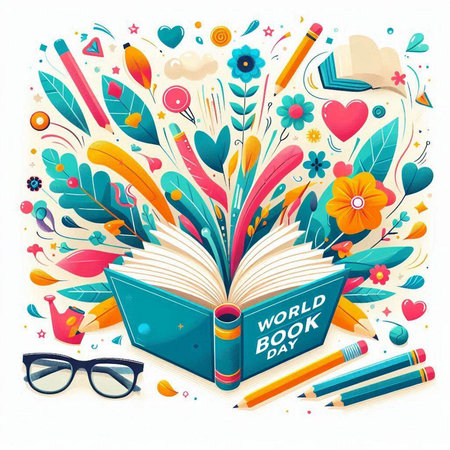 Back to school background with books, pencils, glasses, hearts. Vector illustration.のイラスト素材