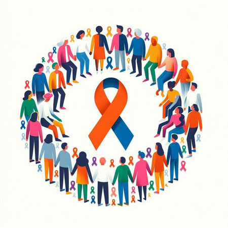 Breast Cancer Awareness Month Concept. Crowd of People with Red Ribbon in Circle. Vector...