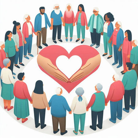 Group of people holding hands together in heart shape. Vector illustration.