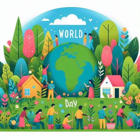 World Environment Day concept. People planting trees in the garden. Vector illustration.のイラスト素材