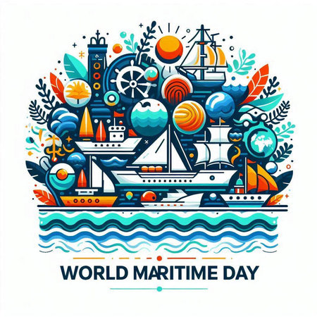 World Maritime Day banner. Vector illustration with sailboat, ship, steering wheel, lifebuoy and seashells.のイラスト素材