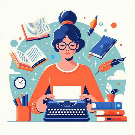 Young woman writer sitting at desk with typewriter and books. Flat vector illustration.