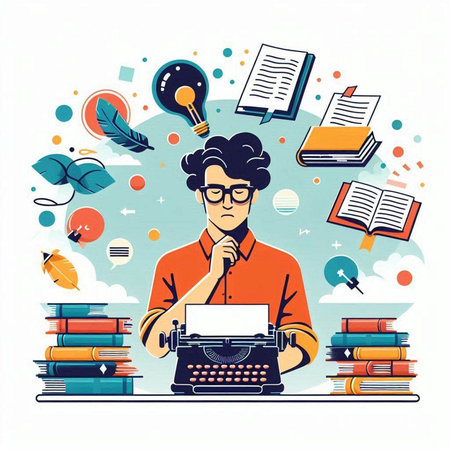 Vector illustration of a writer with typewriter and books on white backgroundのイラスト素材