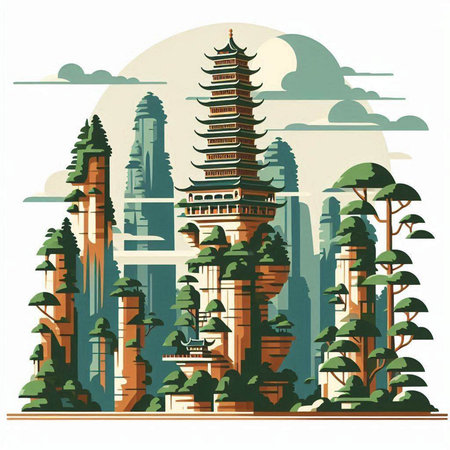 Pagoda on the background of the city. Vector illustration.のイラスト素材