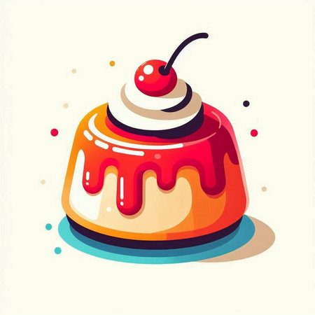 Pudding with cherry on top. Vector illustration in flat style.
